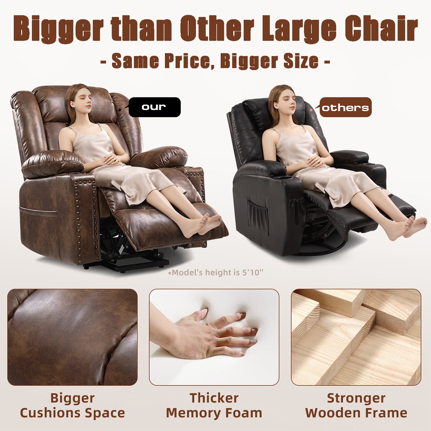 Cfvyne Large Power Lift Chairs Recliners for Elderly with Heated and Massage, Overstuffed Adjustable Lift Chairs, 3 Positions, Breathable Leather, USB-A and USB-C, Cup Holder, Side Pocket