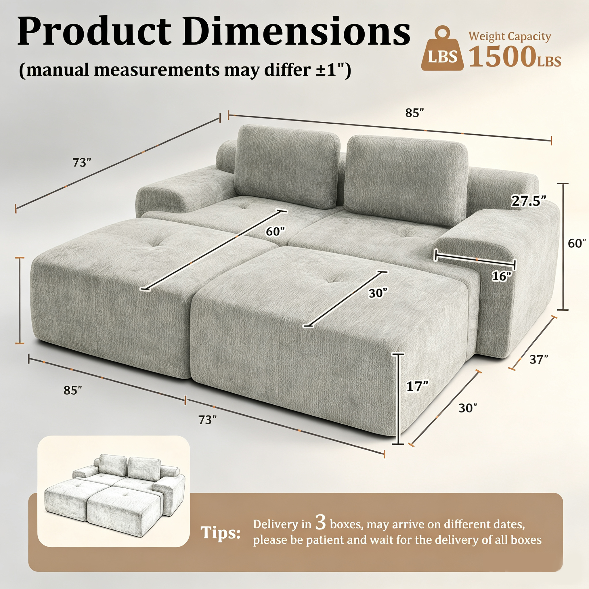 85" Oversized Cloud Modular Sofa, High Back & Extra Deep Seat, No Assembly Required Soft Chenille, 2 Seat,Light Gray
