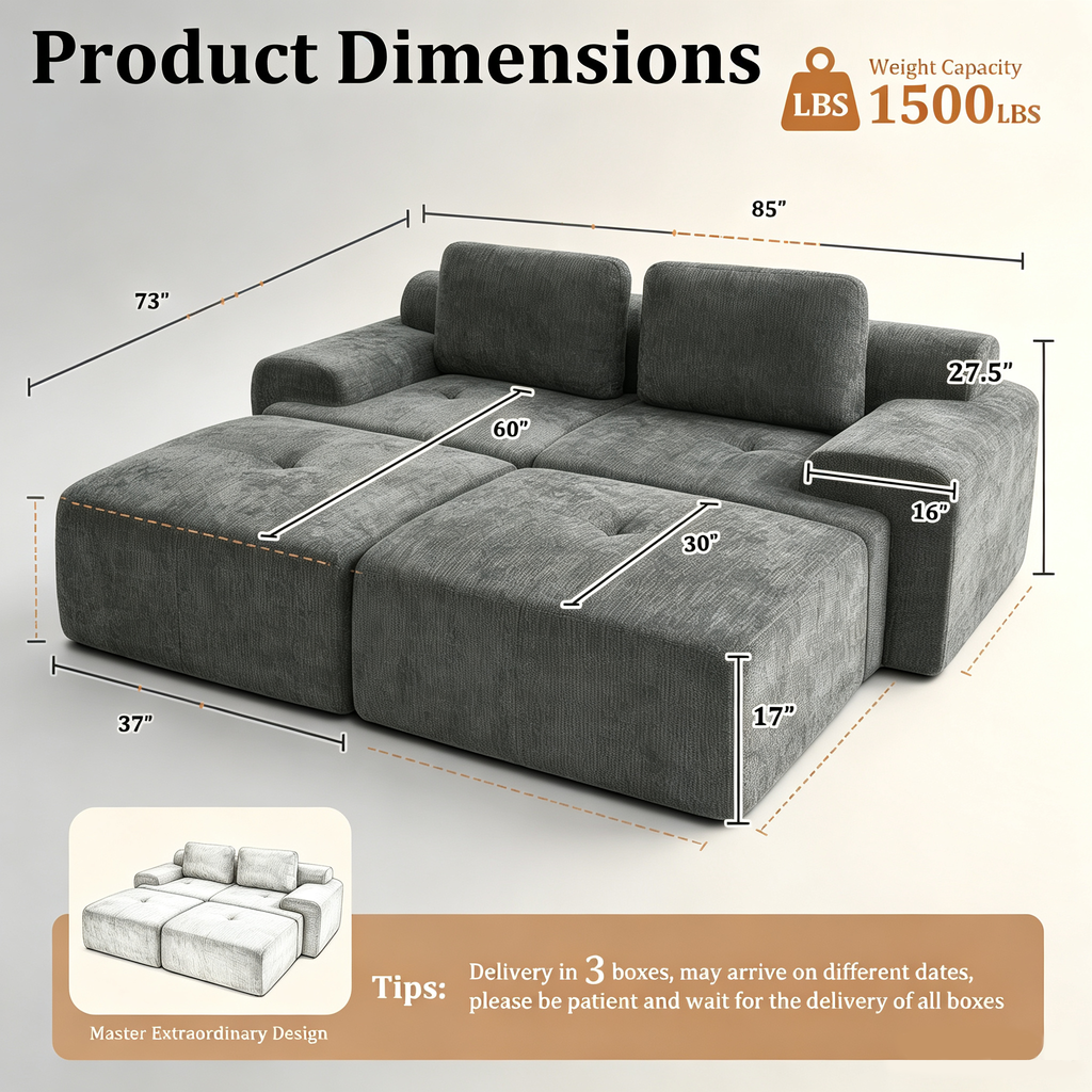 85" Oversized Cloud Modular Sofa, High Back & Extra Deep Seat, No Assembly Required Soft Chenille, Single Seat,Gray