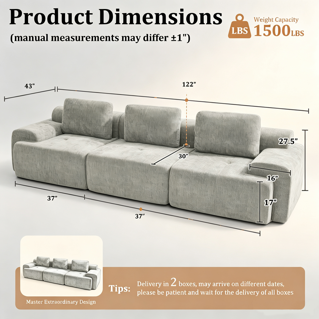 122" Oversized Cloud Modular Sofa, High Back & Extra Deep Seat, No Assembly Required Soft Chenille, 3 Seat,Light Gray