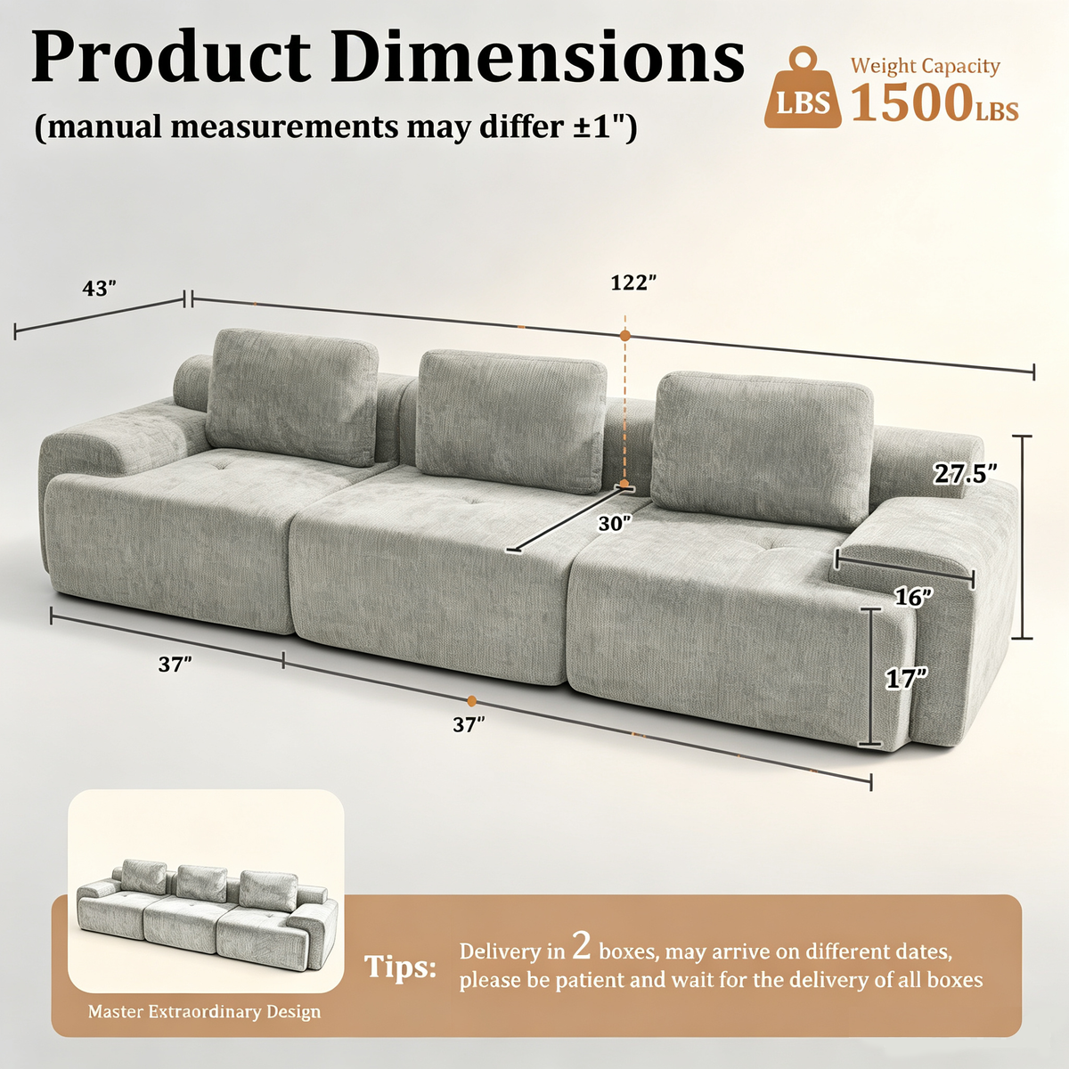 122" Oversized Cloud Modular Sofa, High Back & Extra Deep Seat, No Assembly Required Soft Chenille, 3 Seat,Light Gray