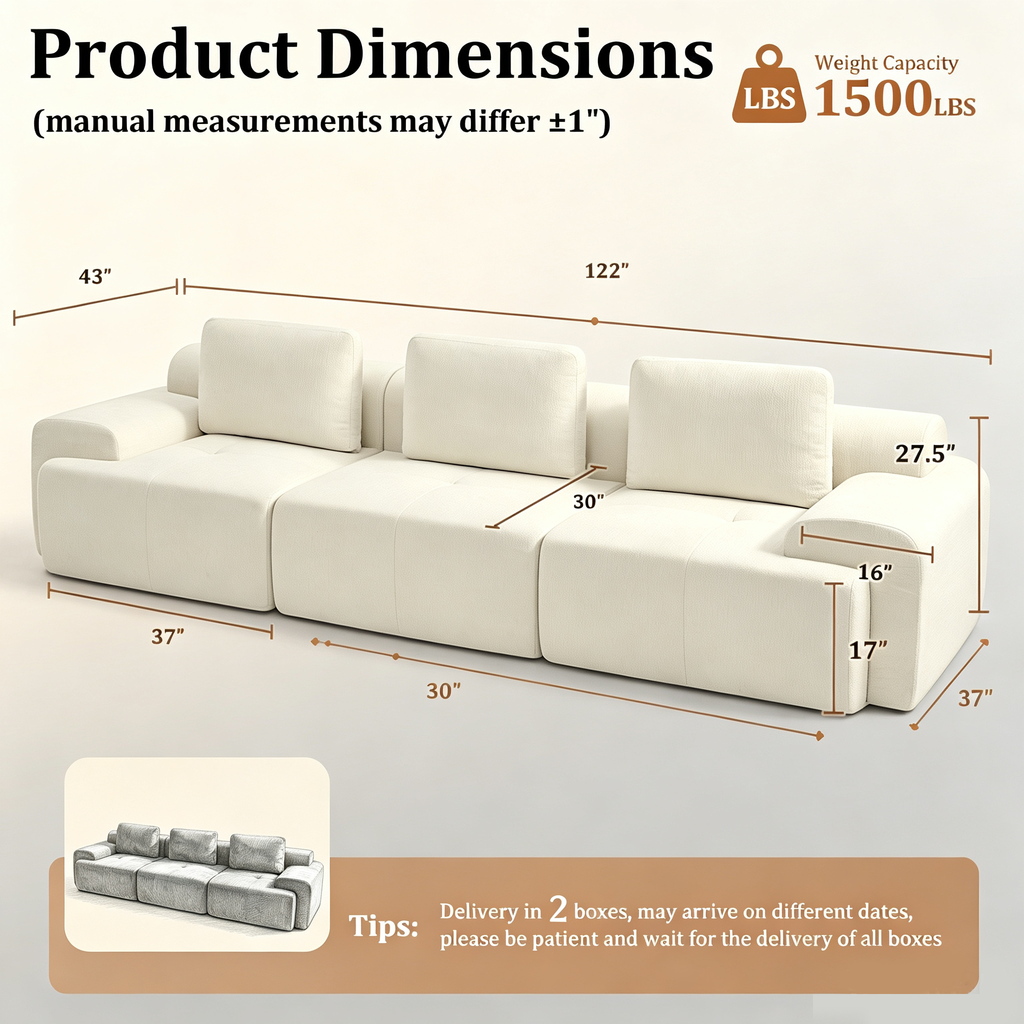 122" Oversized Cloud Modular Sofa, High Back & Extra Deep Seat, No Assembly Required Soft Chenille, 3 Seat,Beige