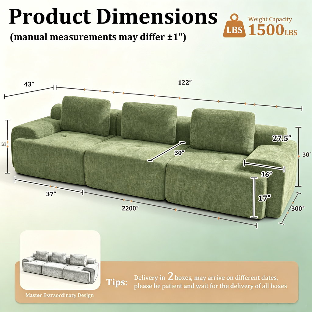 122" Oversized Cloud Modular Sofa, High Back & Extra Deep Seat, No Assembly Required Soft Chenille, 3 Seat,Green