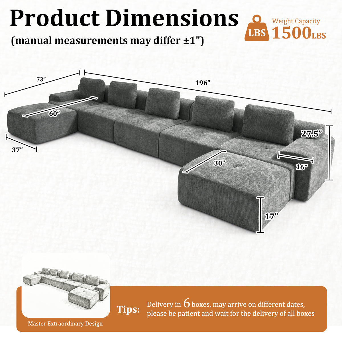 159" U-Shaped Oversized Cloud Couch, Modular Sectional Sofa with High Back & Extra Deep Seat, No Assembly Required, Plush Chenille, Dark Grey