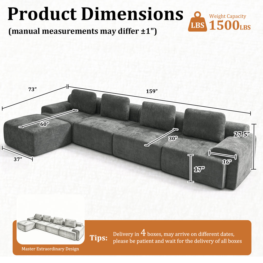 159" L-Shaped Oversized Cloud Couch, Modular Sectional Sofa with High Back & Extra Deep Seat, No Assembly Required, Plush Chenille, Dark Grey