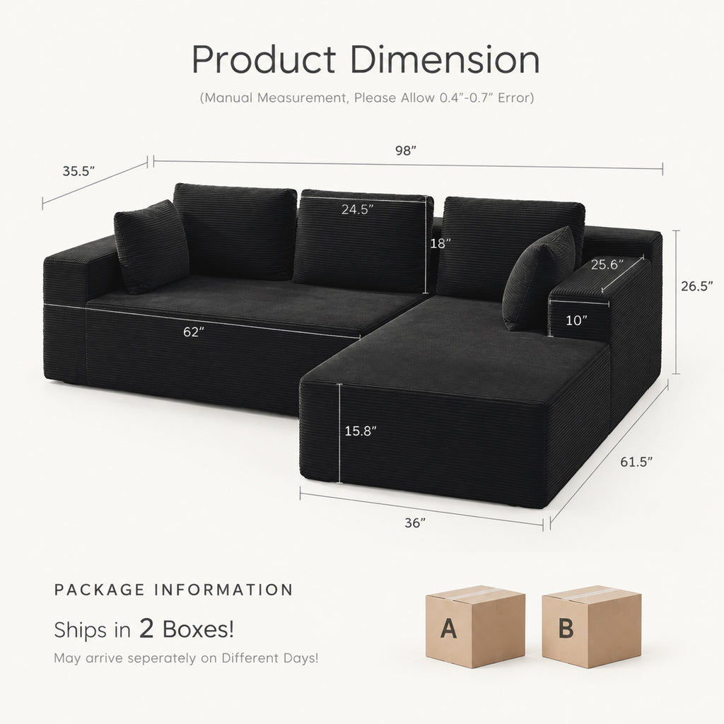 Cfvyne 98" Modular Sectional Sofa with Chaise, Boneless Cloud Couch with Dual-Layer Foam, Deep Seat L-Shaped Corduroy Sofa for Living Room, Black