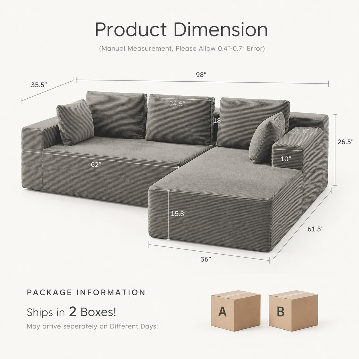 Cfvyne 98" Modular Sectional Sofa with Chaise, Boneless Cloud Couch with Dual-Layer Foam, Deep Seat L-Shaped Corduroy Sofa for Living Room, Light Gray