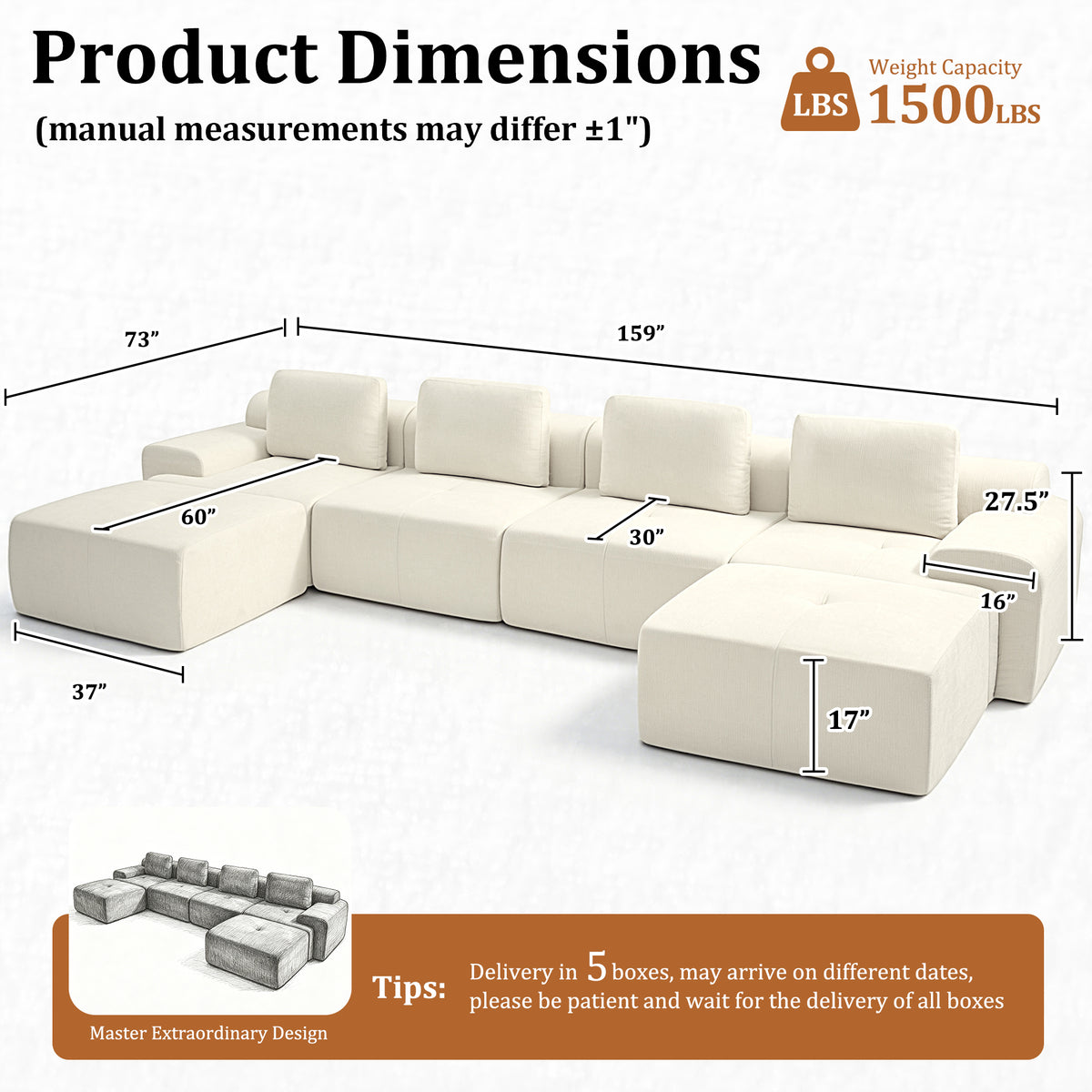 159" U-Shaped Oversized Cloud Couch, Modular Sectional Sofa with High Back & Extra Deep Seat, No Assembly Required, Plush Chenille, Beige