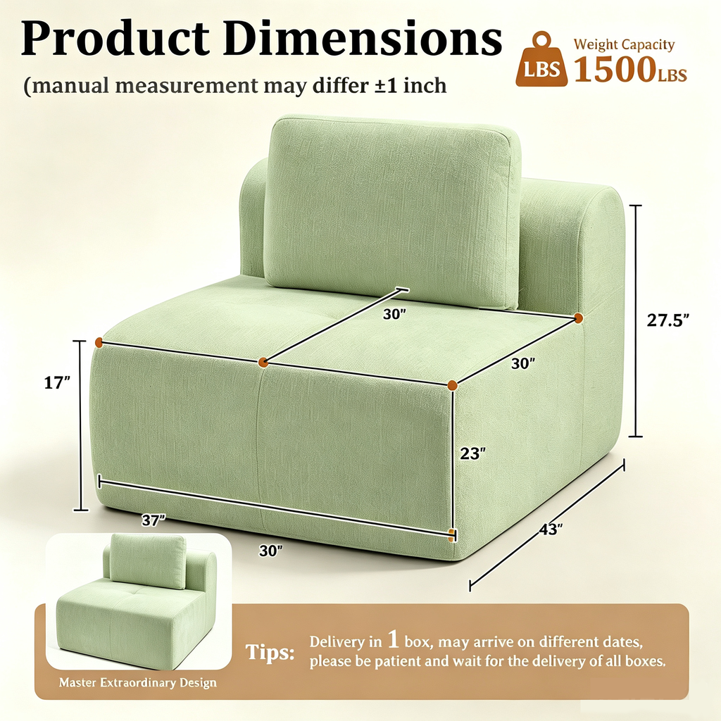37" Oversized Cloud Modular Sofa, High Back & Extra Deep Seat, No Assembly Required Soft Chenille, Single Seat,Green