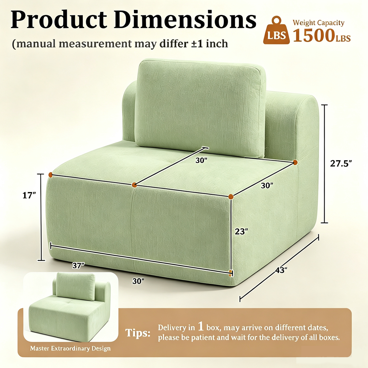 37" Oversized Cloud Modular Sofa, High Back & Extra Deep Seat, No Assembly Required Soft Chenille, Single Seat,Green