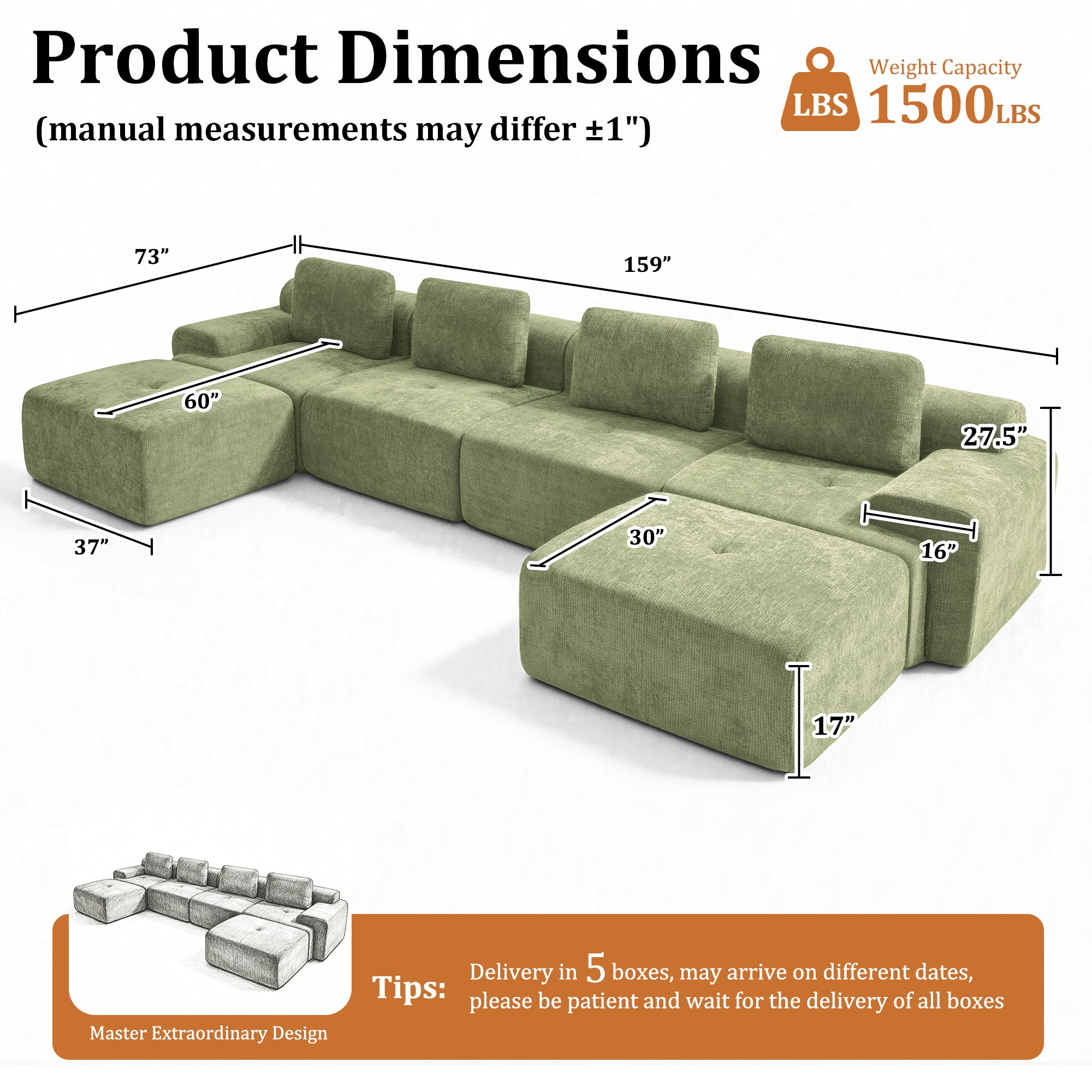 159" U-Shaped Oversized Cloud Couch, Modular Sectional Sofa with High Back & Extra Deep Seat, No Assembly Required, Plush Chenille, Green