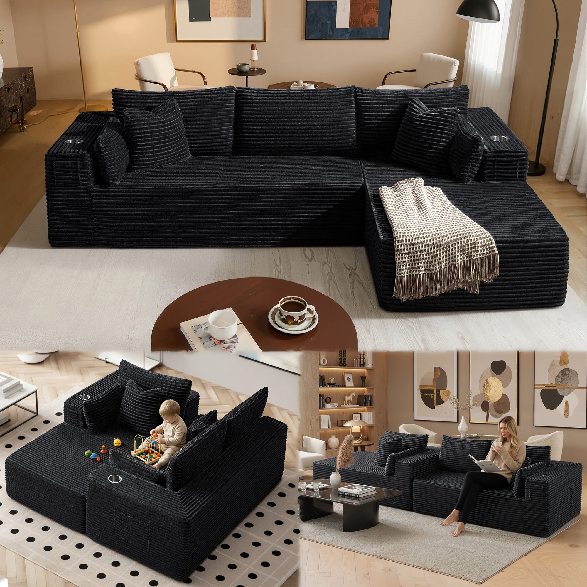 108" L-Shape Modular Cloud Sectional Boneless Sofa with Chaise, Extra-Wide Deep Seat Plush Corduroy Couch for Living Rooms & Apartments (Black)