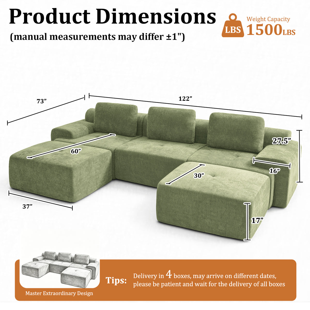 122" Modular Sectional Sofa U-Shaped Oversized Cloud Couch with High Back & Extra Deep Seat, No Assembly Required, Plush Chenille, 5 Seat, Green