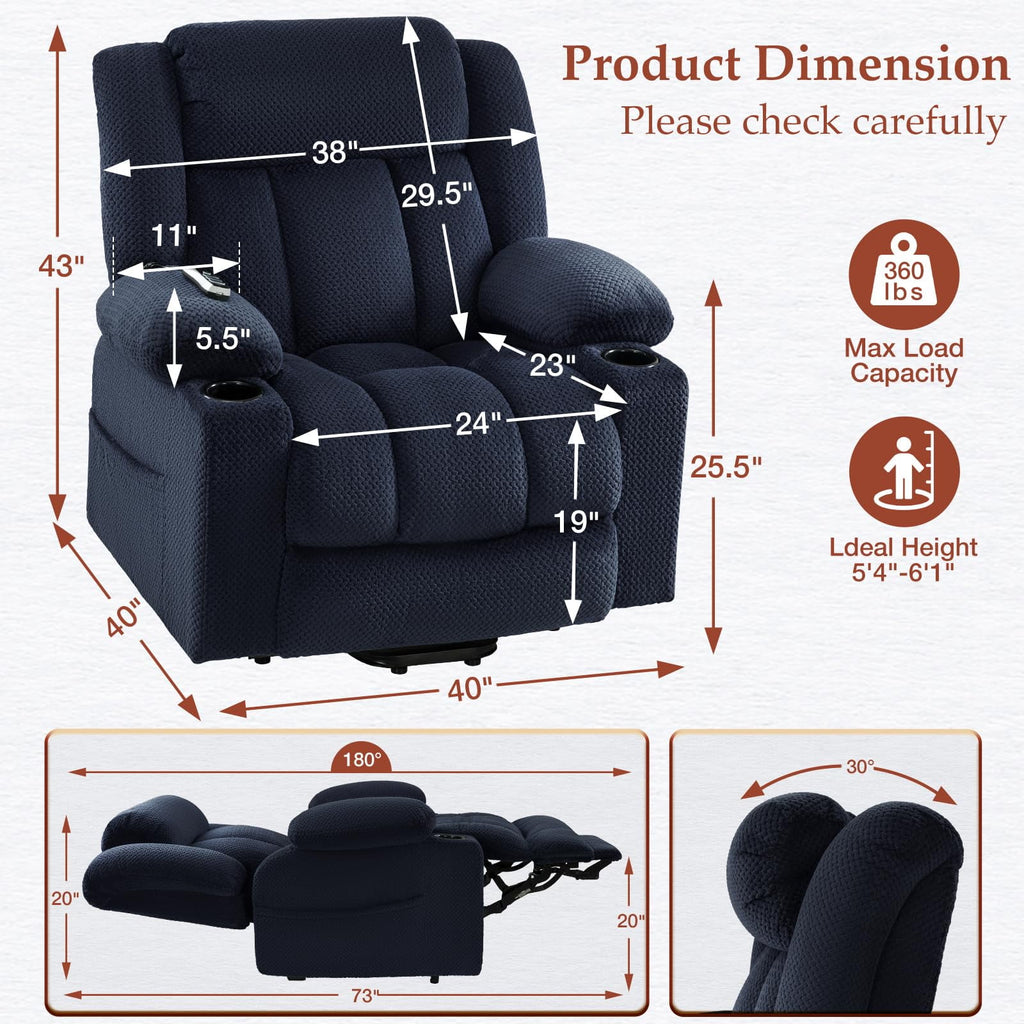 Triple Motor Large-Wide Power Lift Recliner Chair for Elderly Big and Tall, Lay Flat, Heat and Massage, Infinite Position, Power Headrest