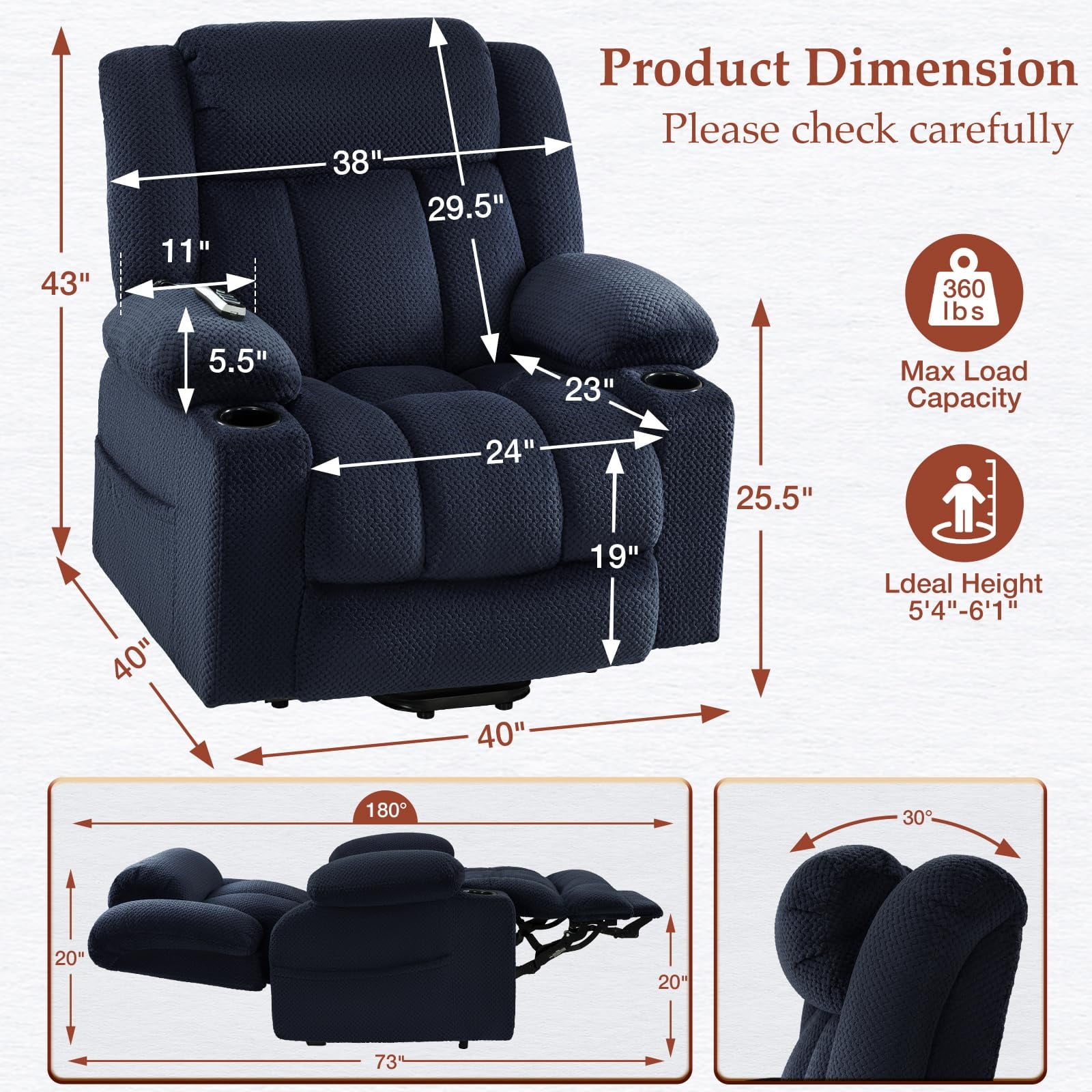 Triple Motor Large-Wide Power Lift Recliner Chair for Elderly Big and Tall, Lay Flat, Heat and Massage, Infinite Position, Power Headrest