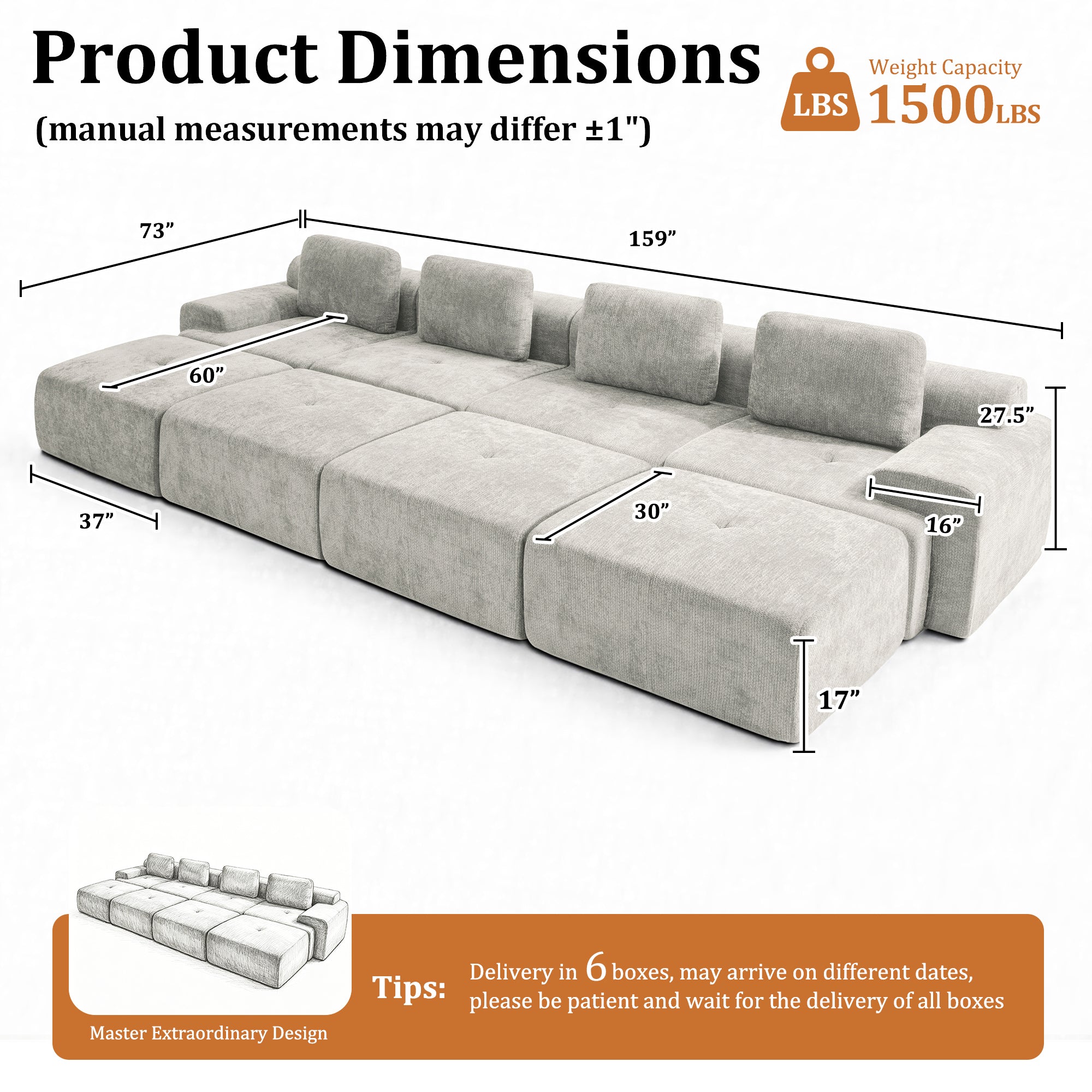 159" U-Shaped Oversized Cloud Couch, Modular Sectional Sofa with High Back & Extra Deep Seat, No Assembly Required, Plush Chenille, Light Grey