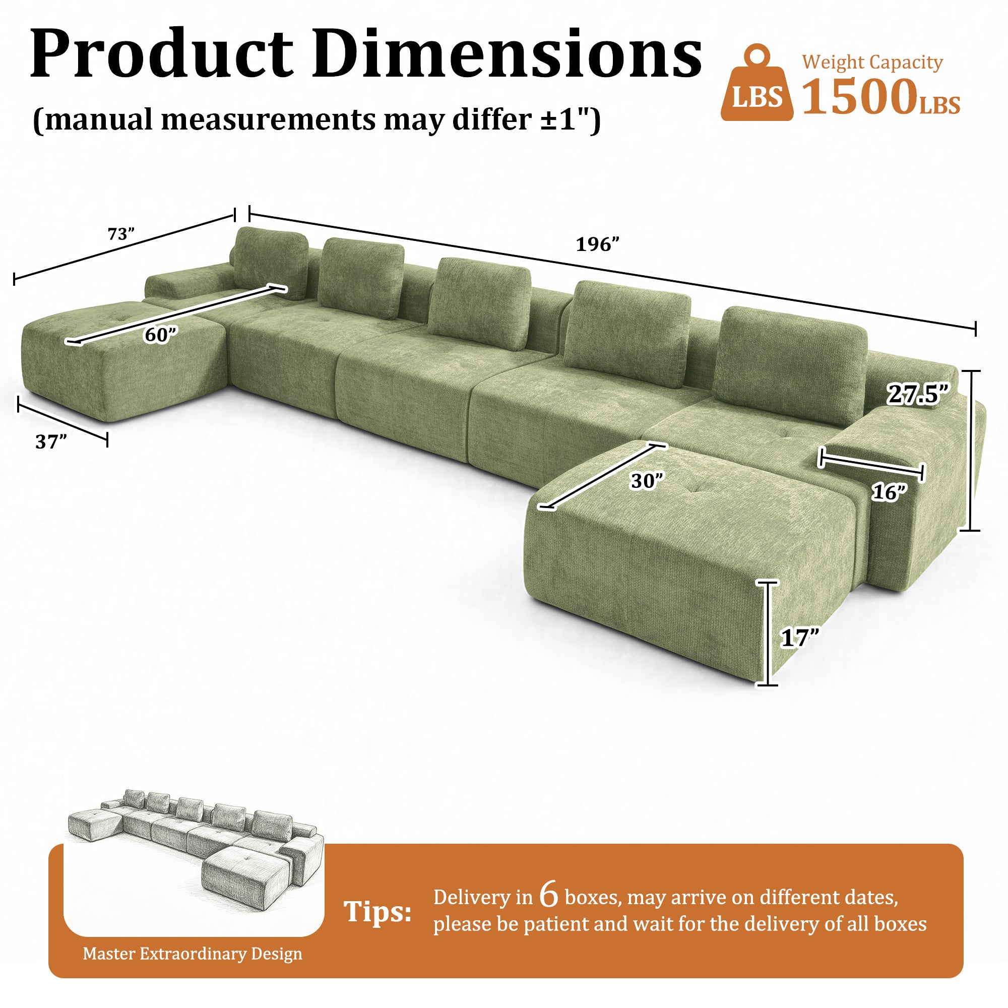 196" U-Shaped Oversized Cloud Couch, Modular Sectional Sofa with High Back & Extra Deep Seat, No Assembly Required, Plush Chenille, Green