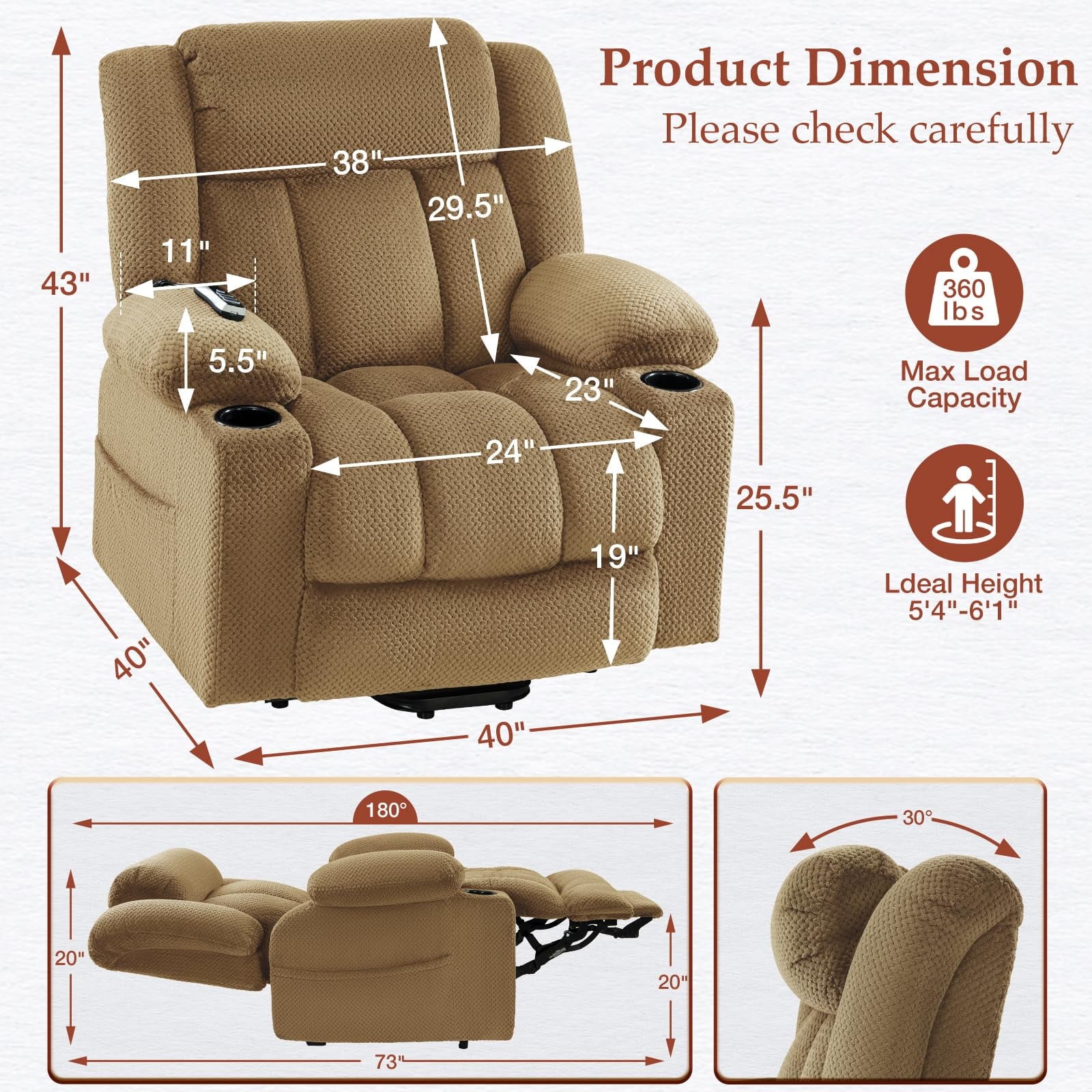 Triple Motor Large-Wide Power Lift Recliner Chair for Elderly Big and Tall, Lay Flat, Heat and Massage, Infinite Position, Power Headrest