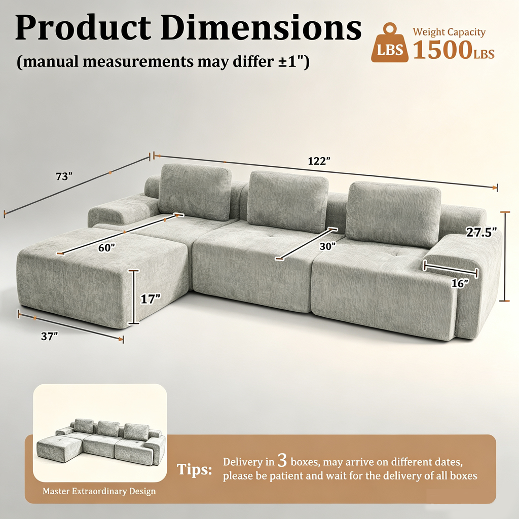 122" Modular Sectional Sofa-L-Shaped Oversized Cloud Couch with High Back & Extra Deep Seat, No Assembly Required, Plush Chenille, 4 Seat, Light Grey