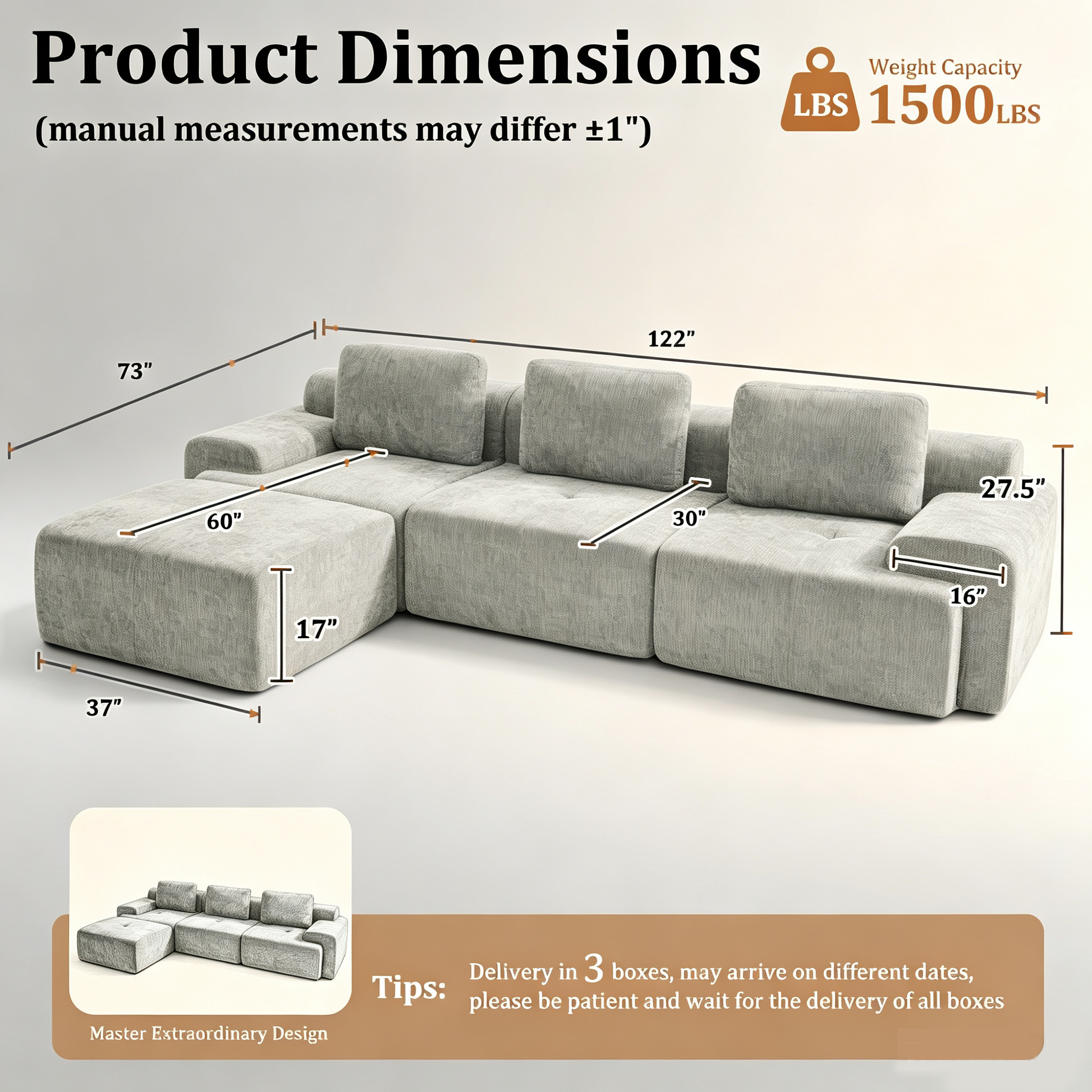 122" Modular Sectional Sofa-L-Shaped Oversized Cloud Couch with High Back & Extra Deep Seat, No Assembly Required, Plush Chenille, 4 Seat, Light Grey