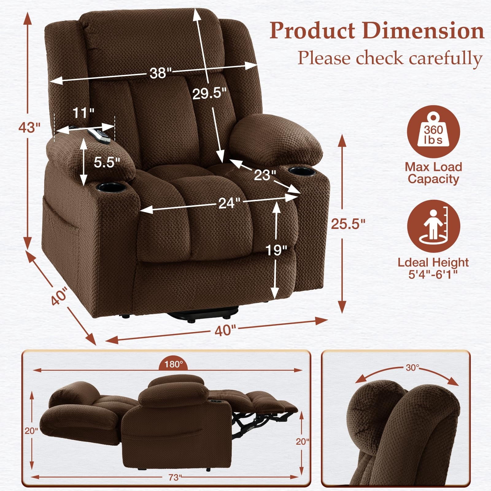 Triple Motor Large-Wide Power Lift Recliner Chair for Elderly Big and Tall, Lay Flat, Heat and Massage, Infinite Position, Power Headrest