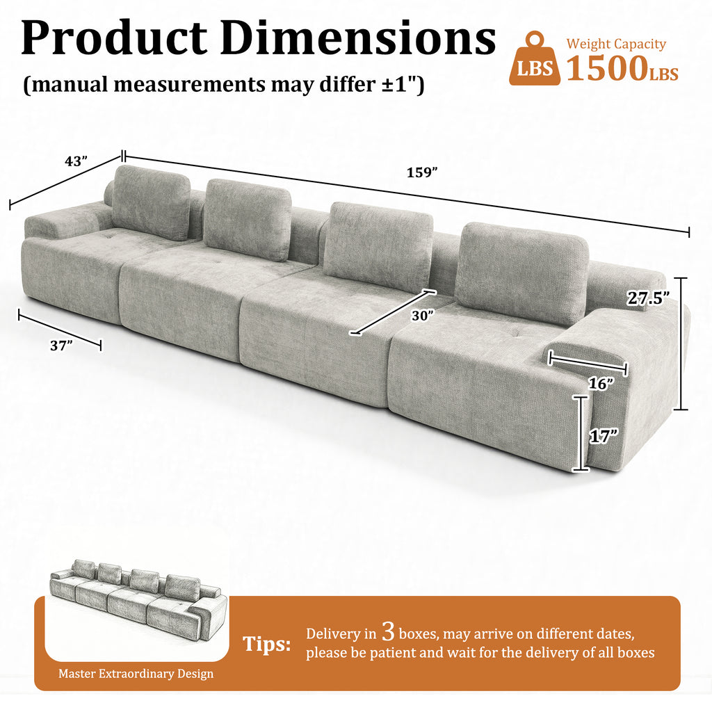 159" L-Shaped Oversized Cloud Couch, Modular Sectional Sofa with High Back & Extra Deep Seat, No Assembly Required, Plush Chenille, Light Grey