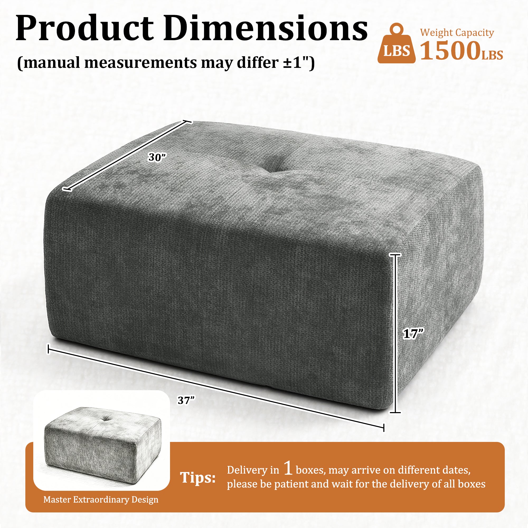 37" Oversized Modular Sofa Ottoman, Soft Chenille Fabric Couch with Deep Seat, High Back Design, No Assembly,Dark Gray