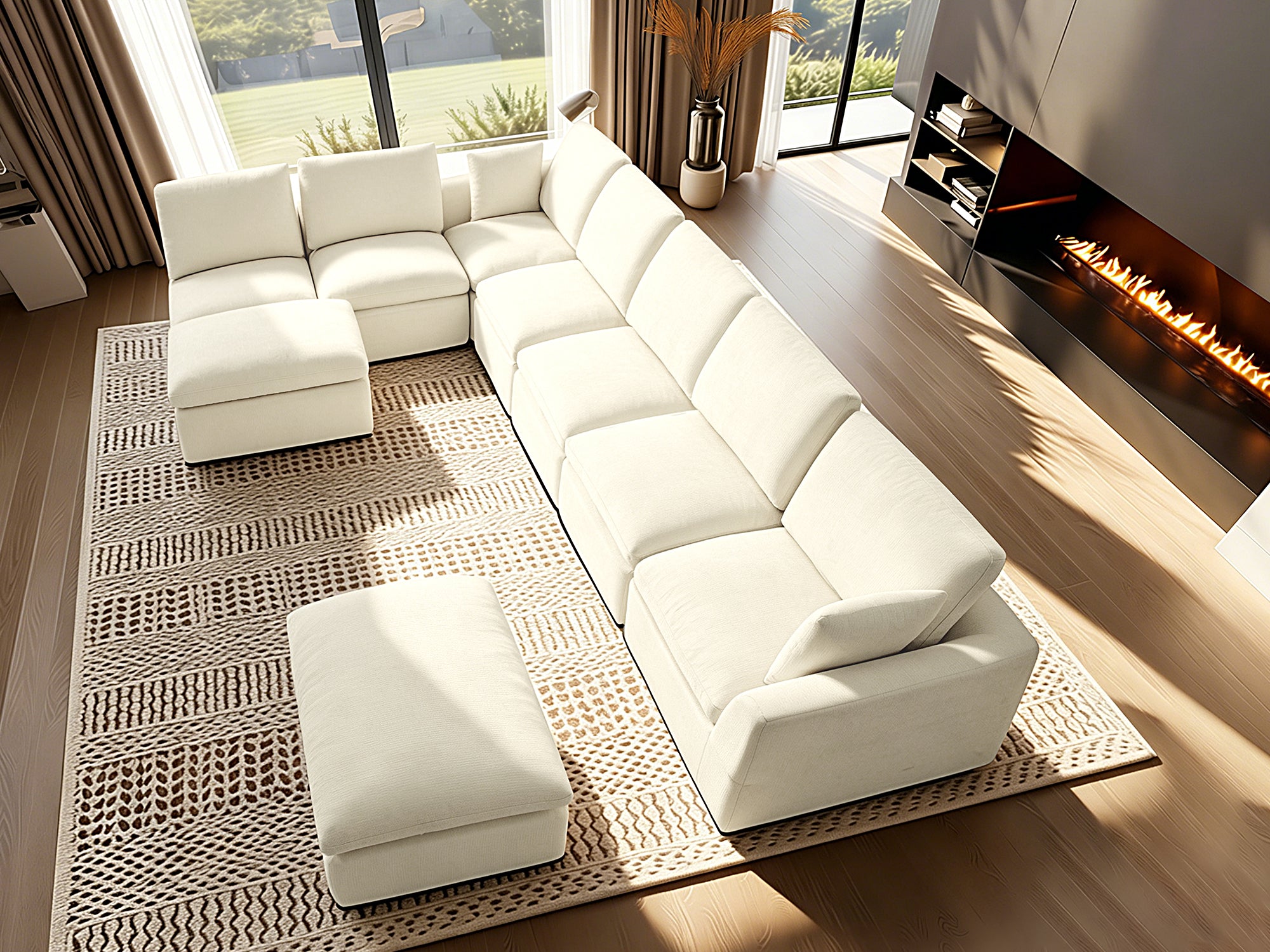 240.5" 7-Seater Cloud Sofa with 2 Movable Ottomans, Deep Seat Modelar Sectional Sofa with Memory Foam, Soft Chenille Fabric, Plush Comfy Sofa for Living Room, Beige