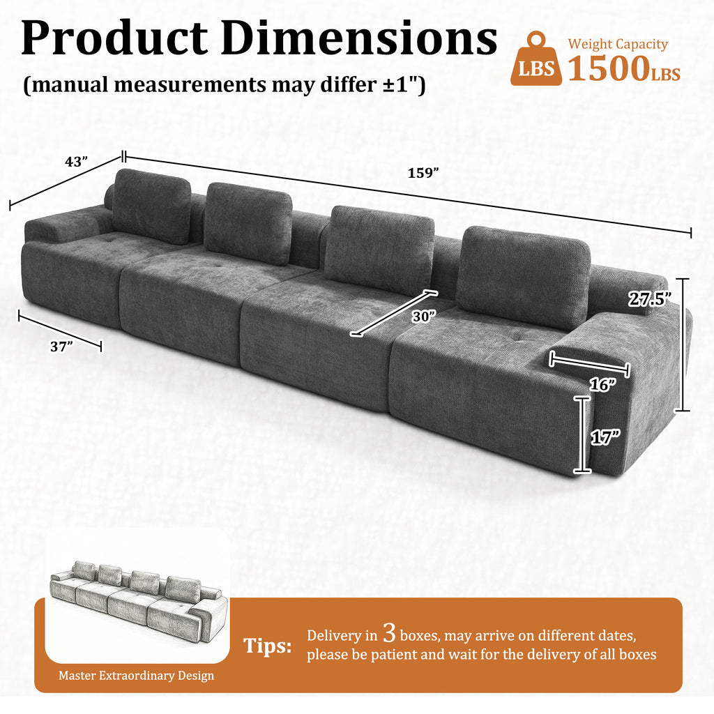 159" L-Shaped Oversized Cloud Couch, Modular Sectional Sofa with High Back & Extra Deep Seat, No Assembly Required, Plush Chenille, Dark Grey