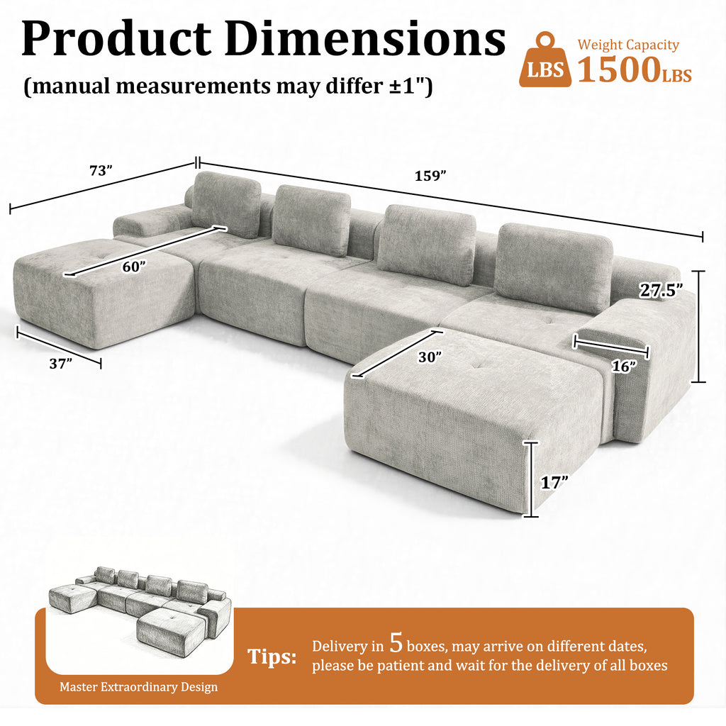 159" U-Shaped Oversized Cloud Couch, Modular Sectional Sofa with High Back & Extra Deep Seat, No Assembly Required, Plush Chenille, Light Grey
