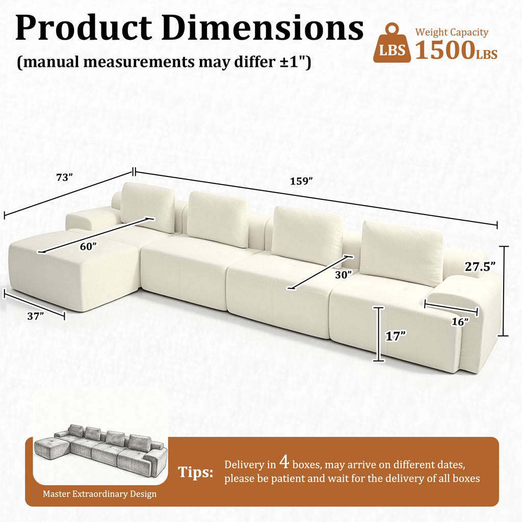 159" L-Shaped Oversized Cloud Couch, Modular Sectional Sofa with High Back & Extra Deep Seat, No Assembly Required, Plush Chenille, Beige