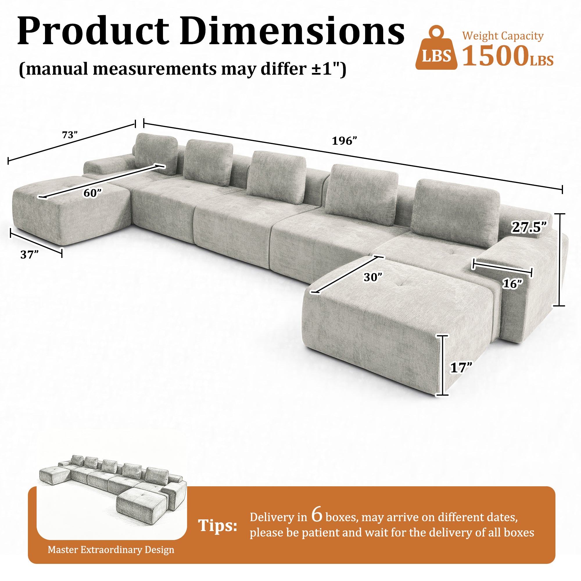 196" U-Shaped Oversized Cloud Couch, Modular Sectional Sofa with High Back & Extra Deep Seat, No Assembly Required, Plush Chenille, Light Grey