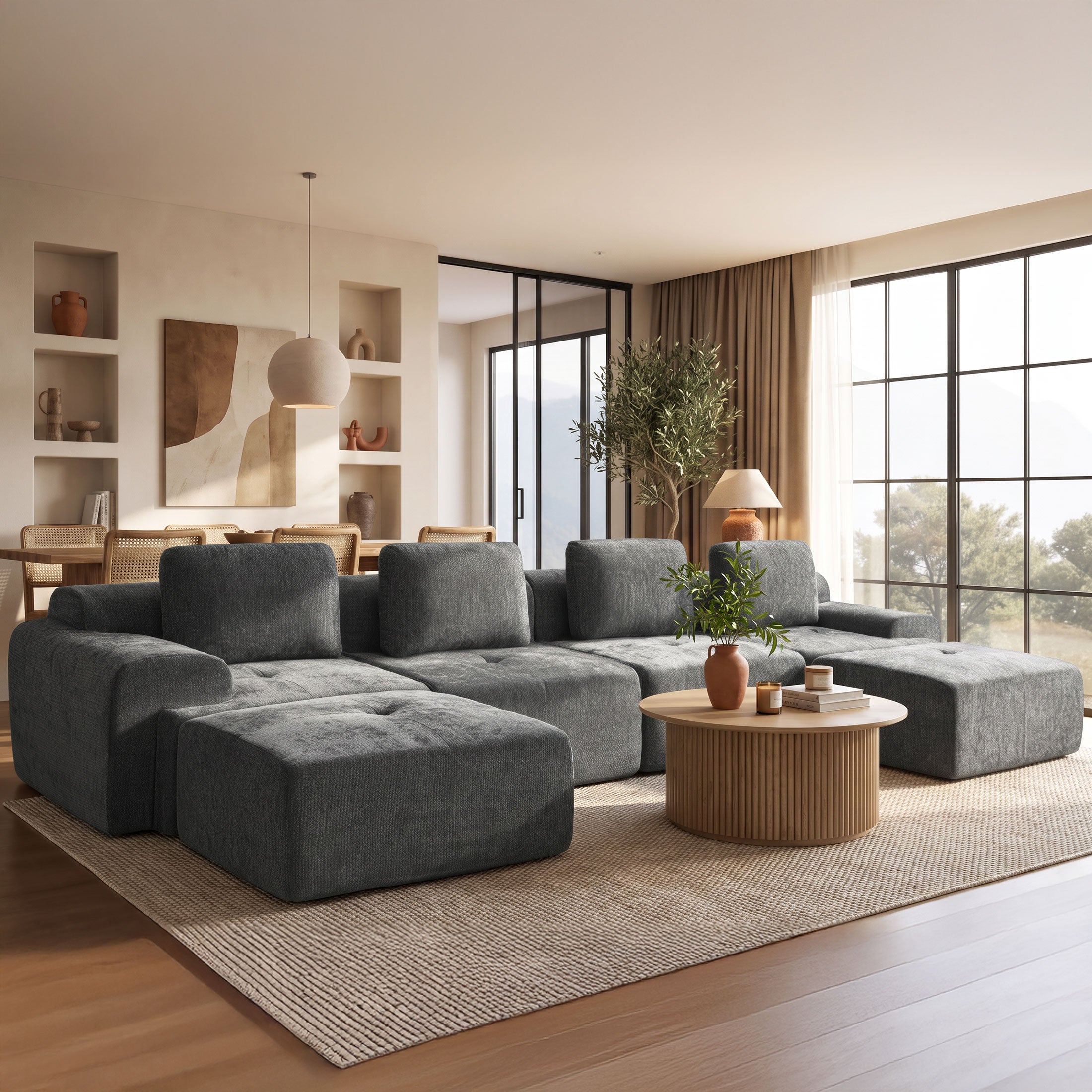 159" U-Shaped Oversized Cloud Couch, Modular Sectional Sofa with High Back & Extra Deep Seat, No Assembly Required, Plush Chenille, Dark Grey