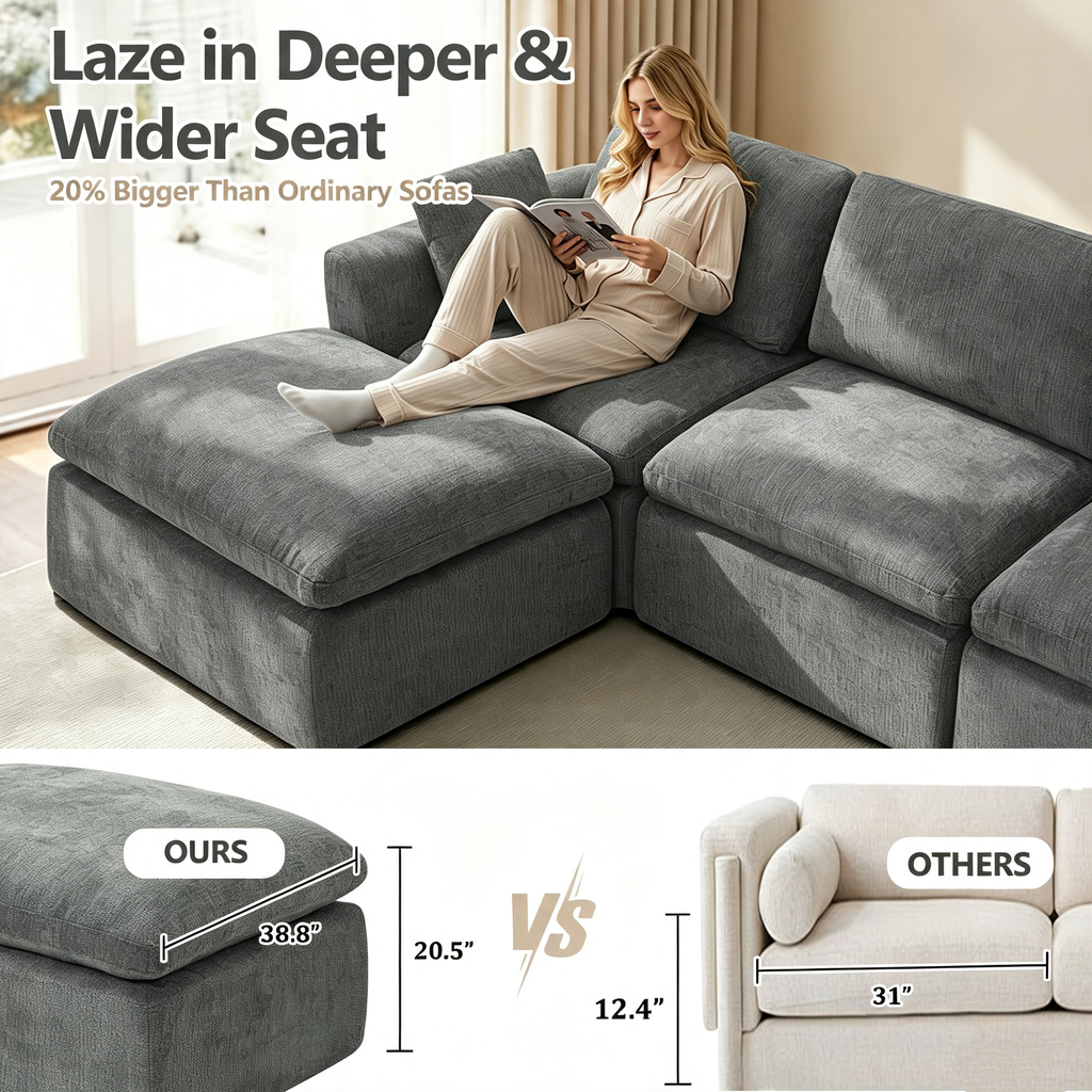 110.5" 3-Seater L-Shaped Cloud Sofa with Ottoman, Deep Seat Modular Sectional Couch with Memory Foam, Soft Chenille Fabric, Plush Comfy Sofa for Living Room, Dark Gray