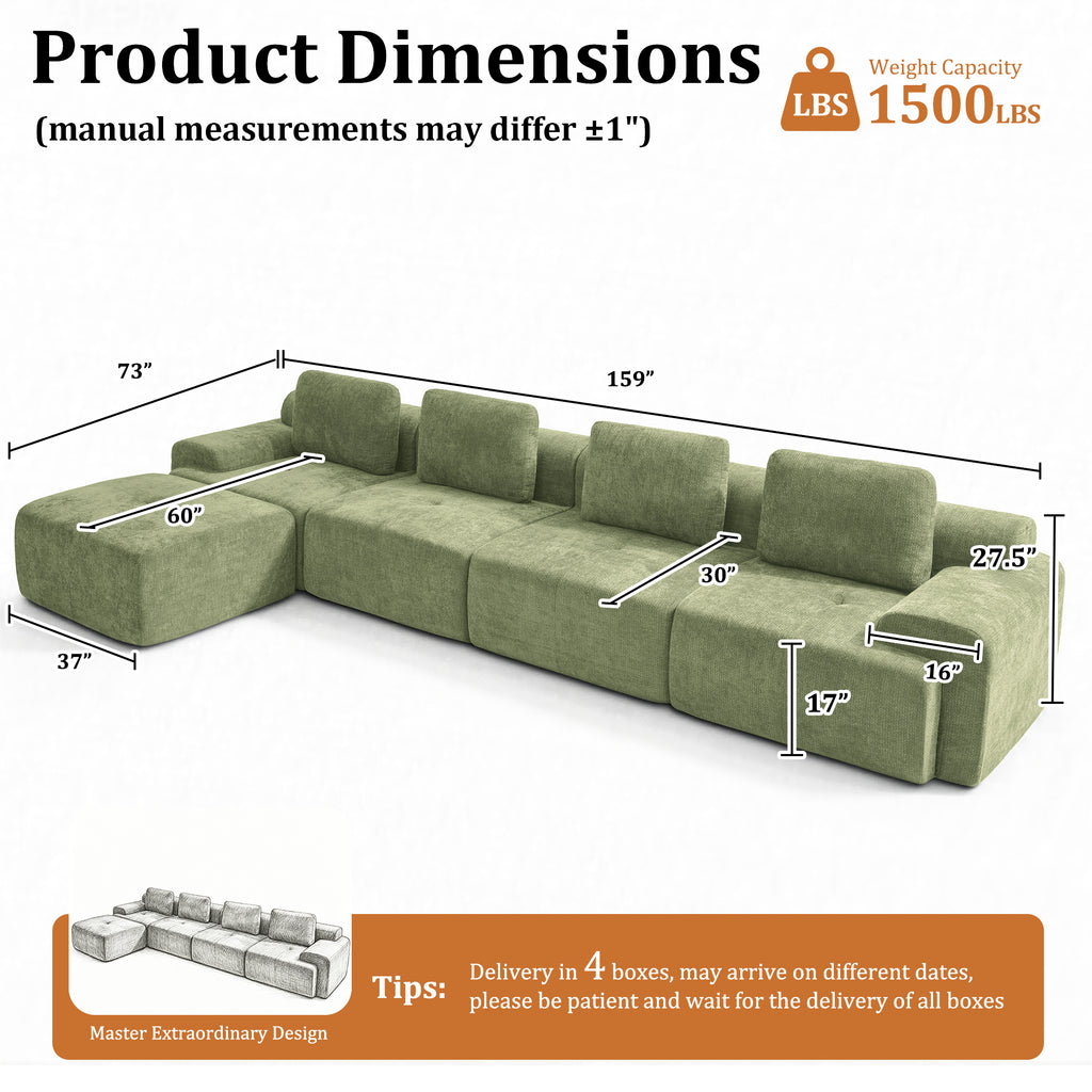 159" L-Shaped Oversized Cloud Couch, Modular Sectional Sofa with High Back & Extra Deep Seat, No Assembly Required, Plush Chenille, Green