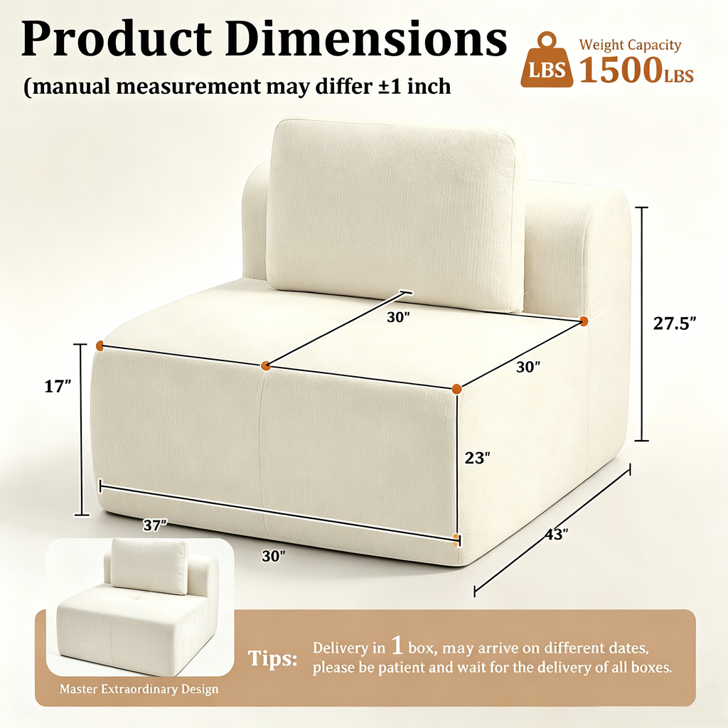 37" Oversized Cloud Modular Sofa, High Back & Extra Deep Seat, No Assembly Required Soft Chenille, Single Seat,Beige