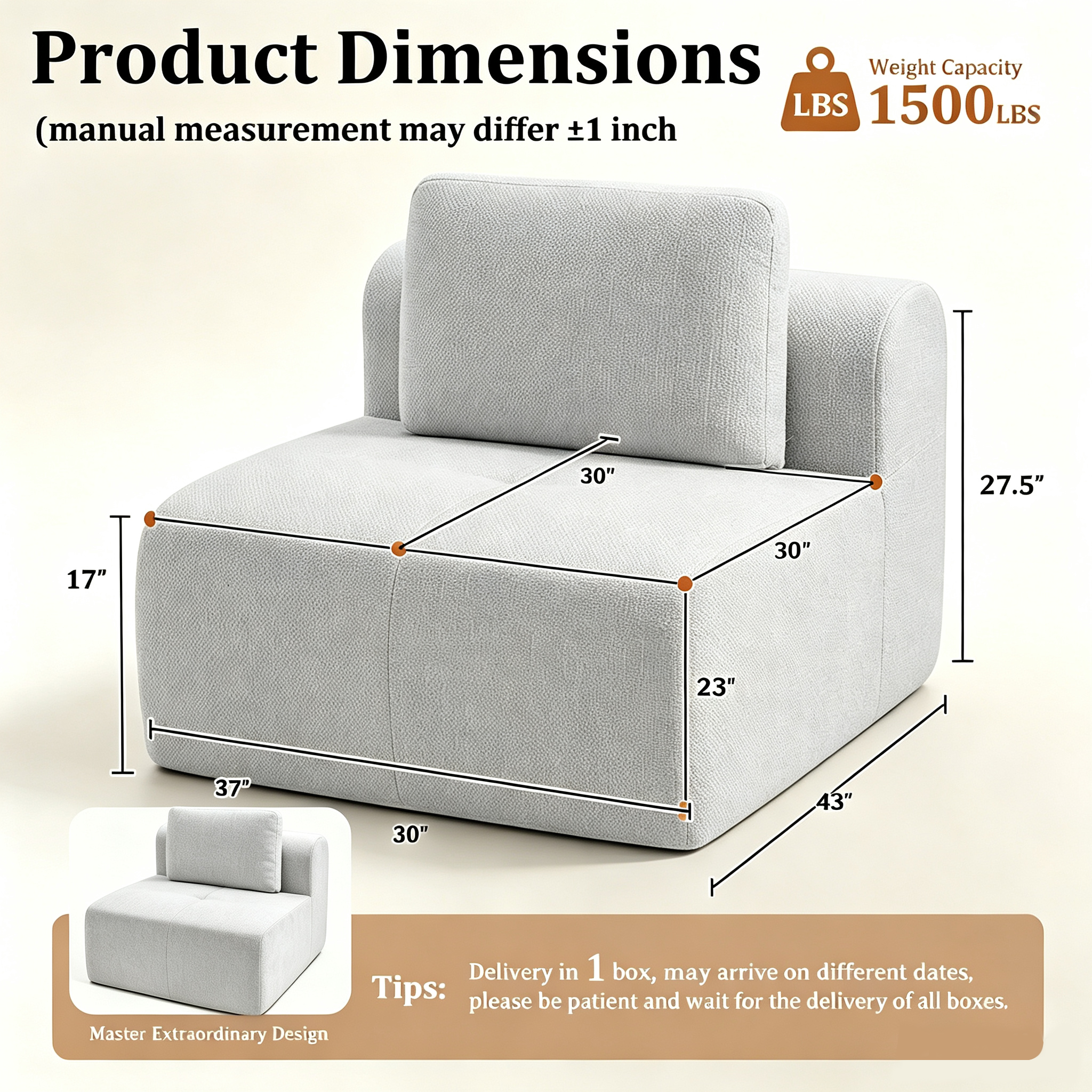 37" Oversized Cloud Modular Sofa, High Back & Extra Deep Seat, No Assembly Required Soft Chenille, Single Seat,Light Grey
