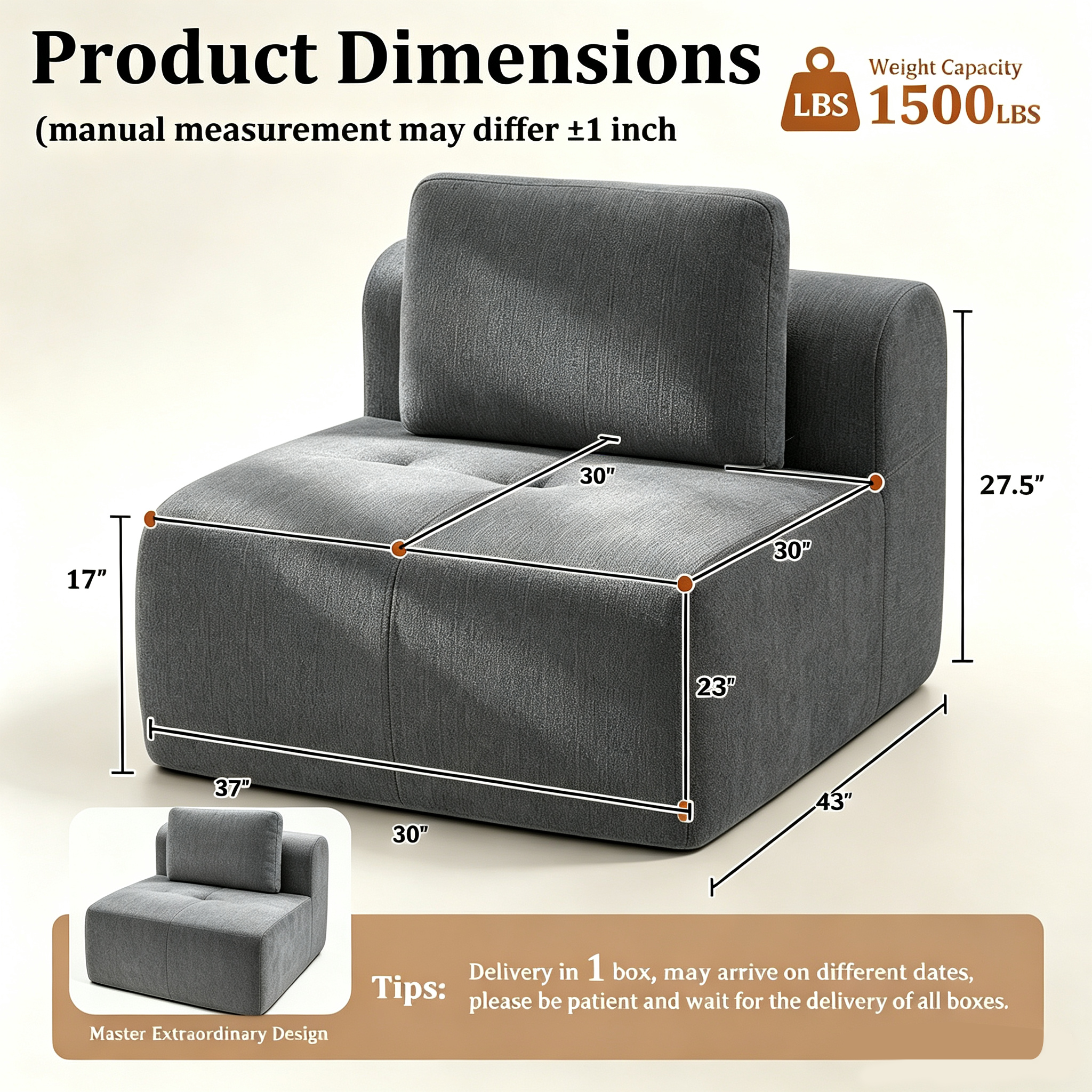 37" Oversized Cloud Modular Sofa, High Back & Extra Deep Seat, No Assembly Required Soft Chenille, Single Seat,Dark Grey