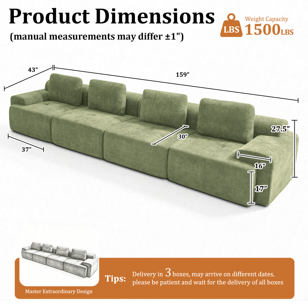 159" L-Shaped Oversized Cloud Couch, Modular Sectional Sofa with High Back & Extra Deep Seat, No Assembly Required, Plush Chenille, Green
