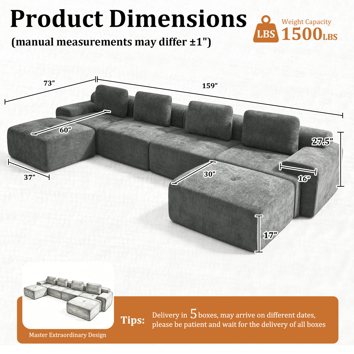 159" U-Shaped Oversized Cloud Couch, Modular Sectional Sofa with High Back & Extra Deep Seat, No Assembly Required, Plush Chenille, Dark Grey