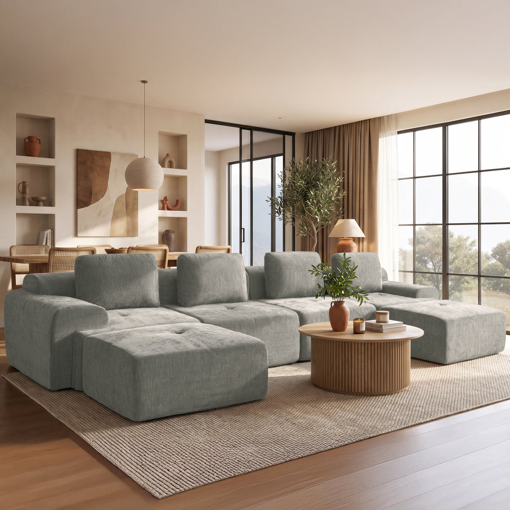 159" U-Shaped Oversized Cloud Couch, Modular Sectional Sofa with High Back & Extra Deep Seat, No Assembly Required, Plush Chenille, Light Grey