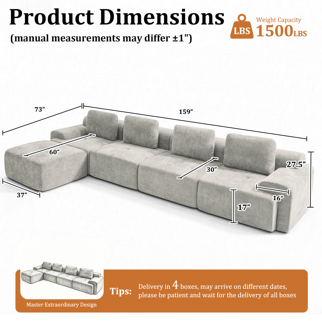 159" L-Shaped Oversized Cloud Couch, Modular Sectional Sofa with High Back & Extra Deep Seat, No Assembly Required, Plush Chenille, Light Grey