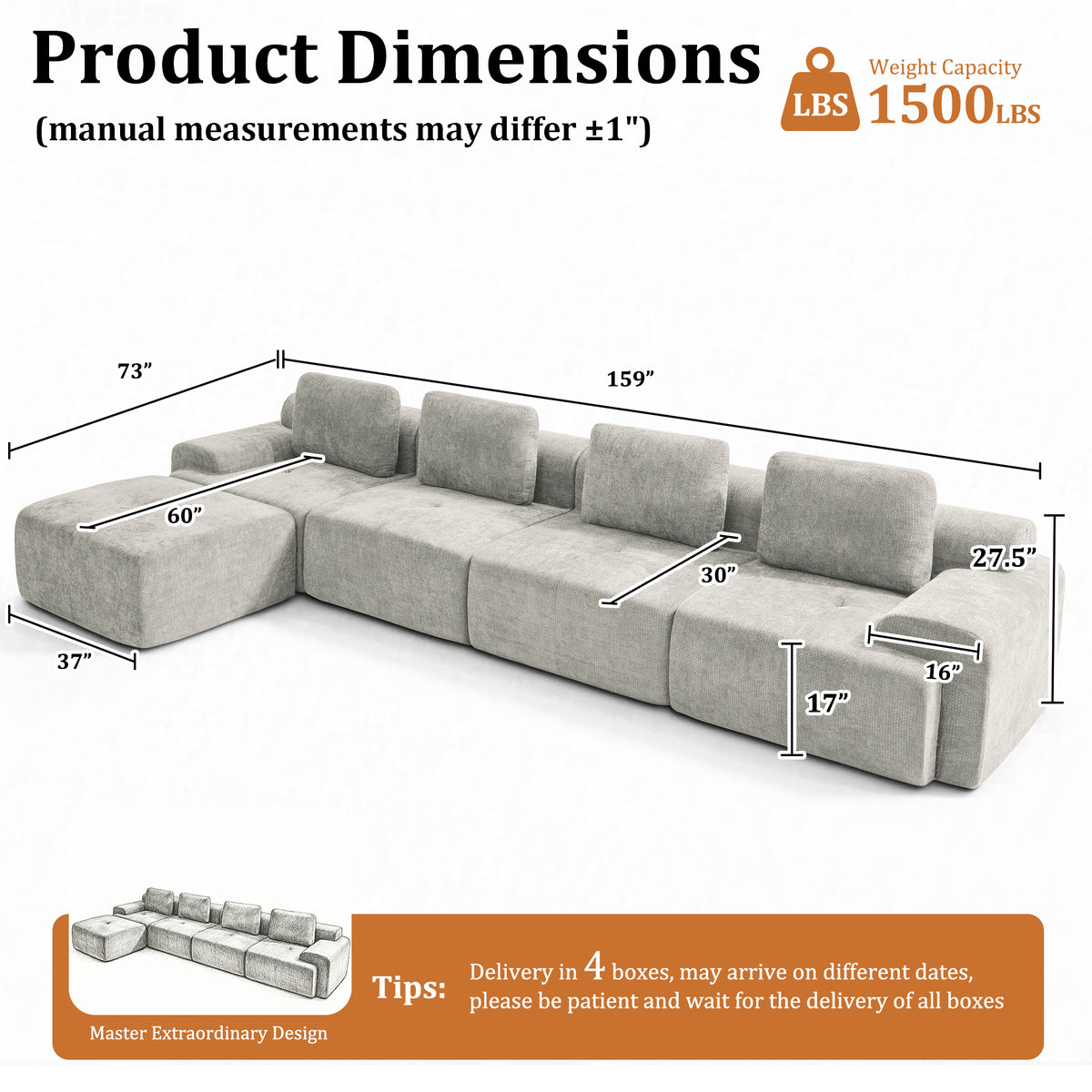 159" L-Shaped Oversized Cloud Couch, Modular Sectional Sofa with High Back & Extra Deep Seat, No Assembly Required, Plush Chenille, Light Grey