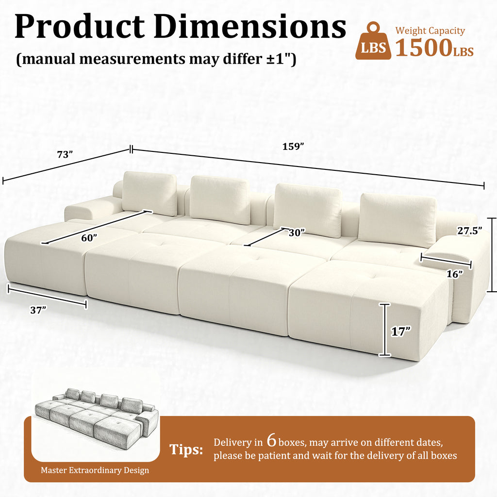 159" U-Shaped Oversized Cloud Couch, Modular Sectional Sofa with High Back & Extra Deep Seat, No Assembly Required, Plush Chenille, Beige