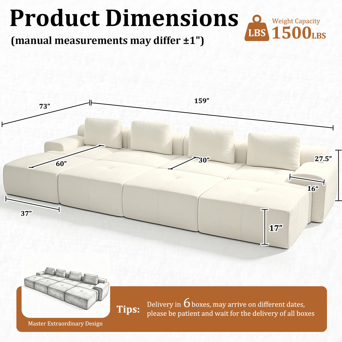 159" U-Shaped Oversized Cloud Couch, Modular Sectional Sofa with High Back & Extra Deep Seat, No Assembly Required, Plush Chenille, Beige