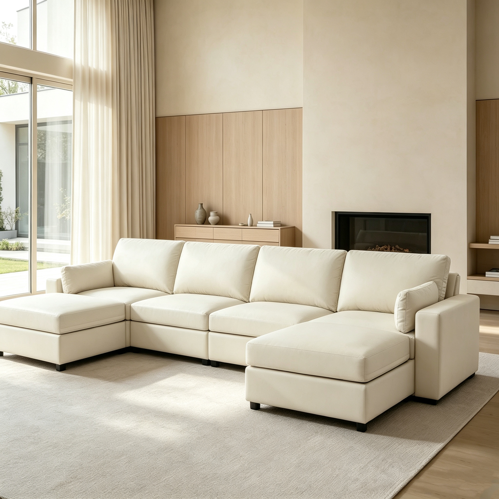 151" Oversized Modular U-Shaped Sectional Sofa with 2 Storage Ottomans, Deep Seat Faux Leather Couch, Scratch-Resistant Vegan Leather, Modern Living Room, Beige