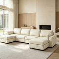 151" Oversized Modular U-Shaped Sectional Sofa with 2 Storage Ottomans, Deep Seat Faux Leather Couch, Scratch-Resistant Vegan Leather, Modern Living Room, Beige