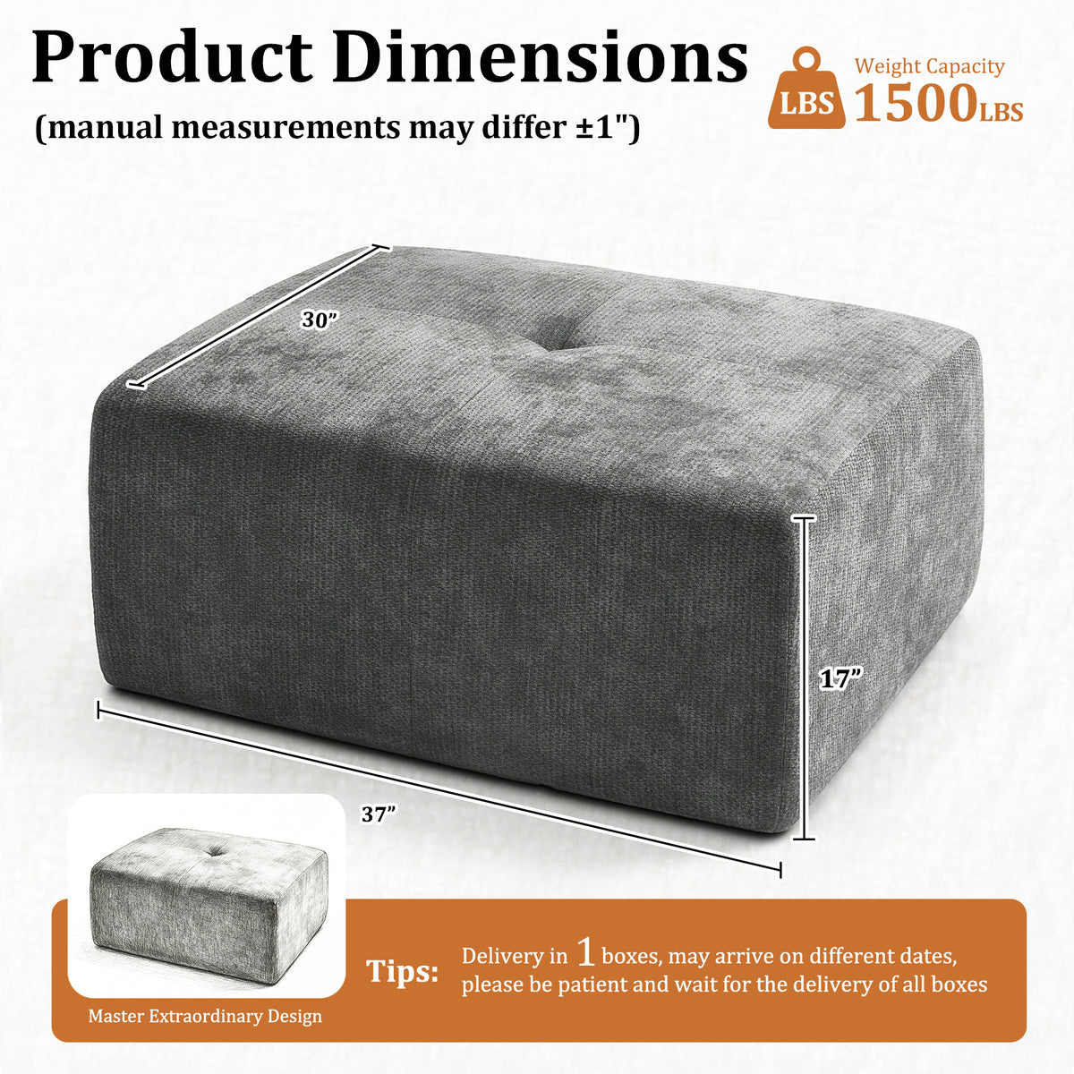 37" Oversized Modular Sofa Ottoman, Soft Chenille Fabric Couch with Deep Seat, High Back Design, No Assembly,Dark Gray