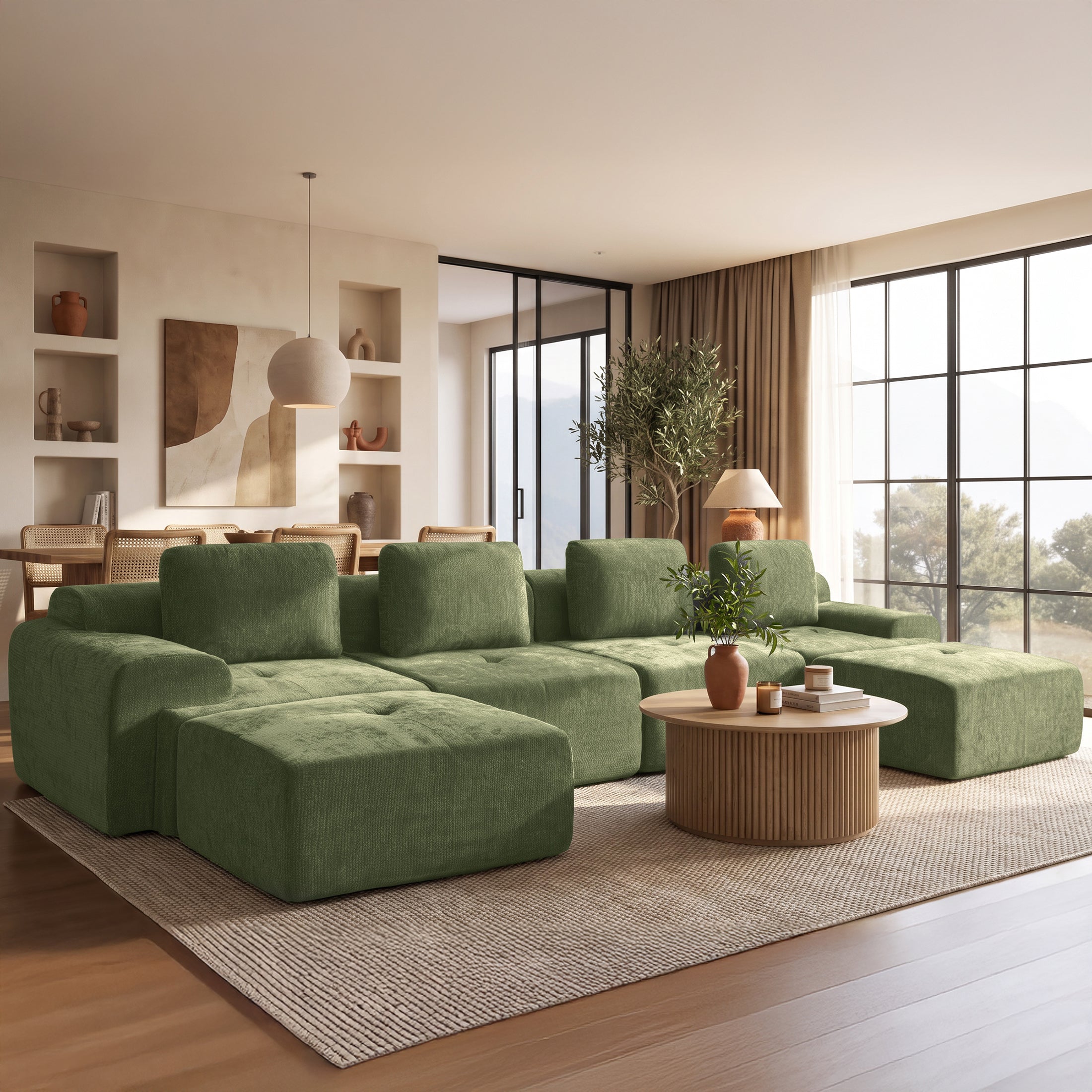 159" U-Shaped Oversized Cloud Couch, Modular Sectional Sofa with High Back & Extra Deep Seat, No Assembly Required, Plush Chenille, Green