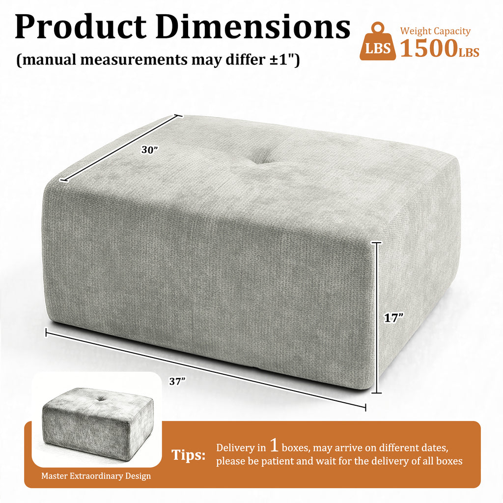37" Oversized Modular Sofa Ottoman, Soft Chenille Fabric Couch with Deep Seat, High Back Design, No Assembly, Light Gray